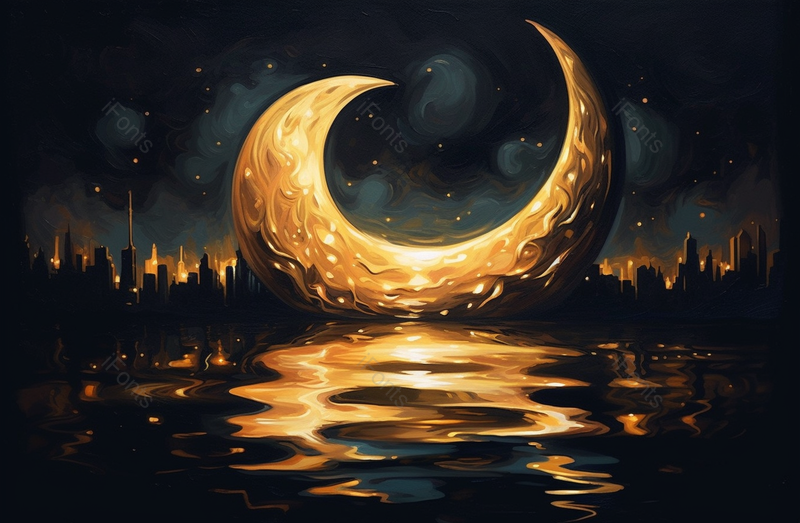 夜晚星空下的月亮弯月倒映在水面波光粼粼远处城市背景插画,插画/手绘图,插画/手绘图库,插画/手绘图下载,插画/手绘